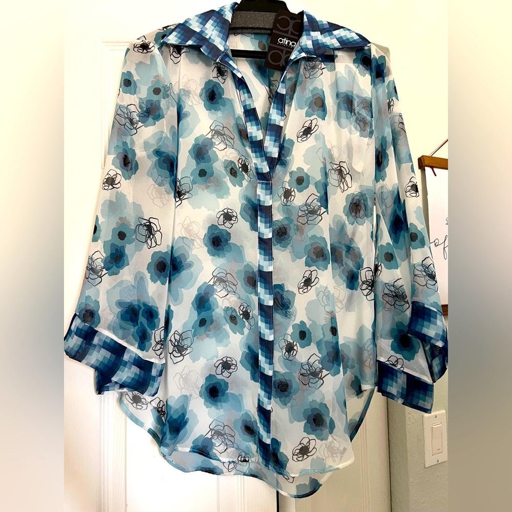 Atina Cristina NWT Floral Sheer Blouse with Blue Accents